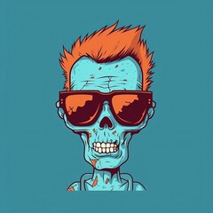 Zombie with sunglasses on blue background. Generative AI.