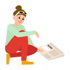 Woman reading newspaper flat illustration