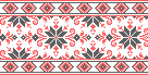 Vector illustration of Ukrainian ornament in ethnic style, identity, vyshyvanka, embroidery for print clothes, websites, banners. Background. Geometric design, border, copy space, frame