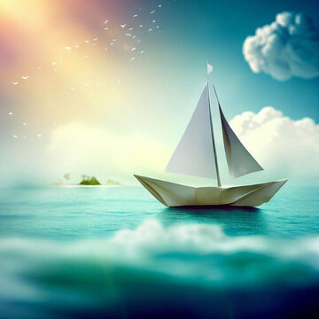 Sailing boat on the sea, paper ship sailing on the sea, blue sea, sailing after a dream, dreamers, childhood