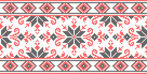 Vector illustration of Ukrainian ornament in ethnic style, identity, vyshyvanka, embroidery for print clothes, websites, banners. Background. Geometric design, border, copy space, frame
