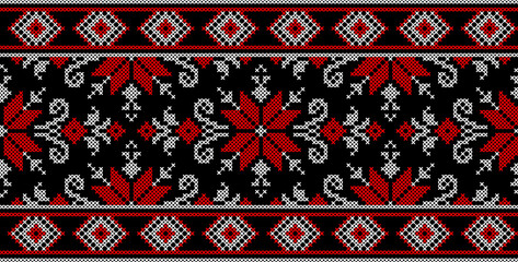Vector illustration of Ukrainian ornament in ethnic style, identity, vyshyvanka, embroidery for print clothes, websites, banners. Background. Geometric design, border, copy space, frame