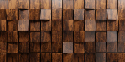 Square, Textured wooden Tiles arranged in the shape of a wall. Semigloss, Natural wood, Blocks stacked to create a 3D block background. 3D Render