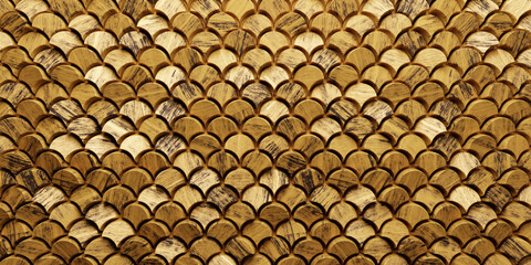 Polished, dark brown grain wood Wall tile background. Fish Scale, tile Wallpaper with Semi gloss, 3D blocks. 3D Render