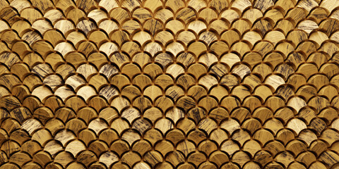 Polished, dark brown grain wood Wall tile background. Fish Scale, tile Wallpaper with Semi gloss, 3D blocks. 3D Render
