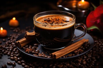 Cup of coffee on wooden table with cinnamon, scattered coffee beans and candles