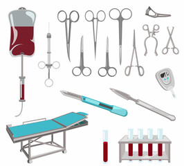 Surgical instrument set. All-metal abdominal reusable scalpel, straight scissors, syringe, mosquito clamp, anatomical tweezers. Realistic isolated objects on white background. Vector illustration