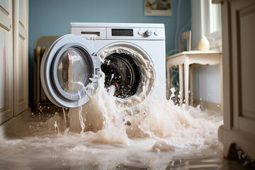 The washing machine broke down, water leaked on the floor. Generative AI.