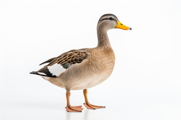 a duck standing on a white surface with a white background