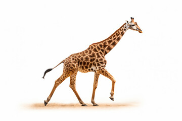 a giraffe walking across a sandy field