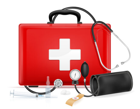 First aid kit vector illustration in flat style design, Sphygmomanometer, Stethoscope, cross.  Emergency medical kit. 
