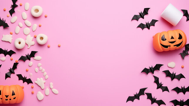 halloween banner copy space with halloween pumpkin, bat, chocolate, spooky  item frame isolated on soft pink background