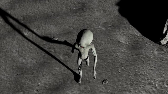 Scary gray alien walking on the surface of the moon. Planet Earth Is Visible. UFO futuristic concept. 3D rendering.