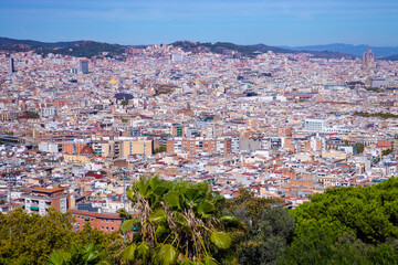 Fototapeta na wymiar Barcelona city, Spain looked from an airplane view from the sky. Beautiful sunny clear blue sky day. Travel fly concept. High quality photo