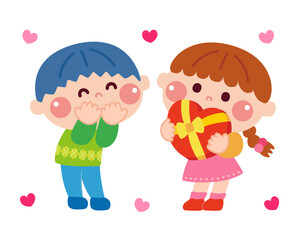 バレンタインにチョコを渡す女の子とチョコをもらう男の子のイラスト