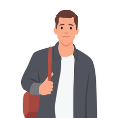 Young man standing holding bag and ready to go to work.