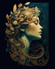 illustration of a beautiful woman with plants  around head