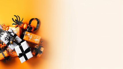 Hallow greetings card copy space with halloween element of spider, gift box, skull isolated on light orange background