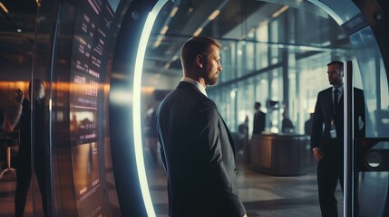 A man walks into a futuristic metal detector frame, in a business center or a modern secured building, concept, inspection, control and security. - obrazy, fototapety, plakaty