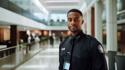 A smiling security guard at work in a business center.