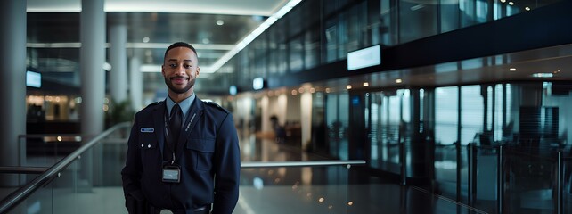 A smiling security guard at work against the background of a business center or office with a place...