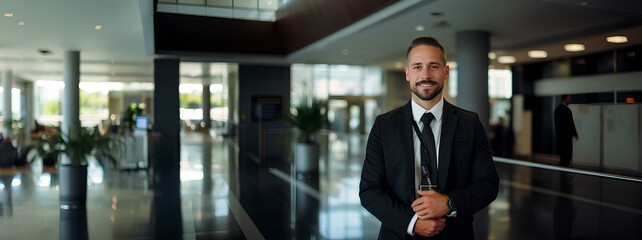 A smiling security guard at work against the background of a business center or office with a place to copy.