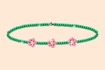Cute girlish handmade bracelet made of beads. Vector isolated cartoon necklace, 90s style.