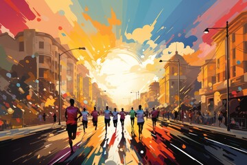 Colorful Running marathon poster, people run, colorful poster. Vector illustration. - obrazy, fototapety, plakaty