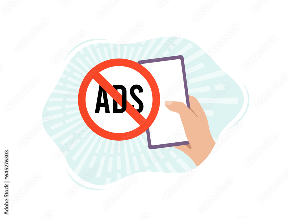 Poster ad blocking icon. hand holding smartphone with mobile ad blocker software or web extension for block