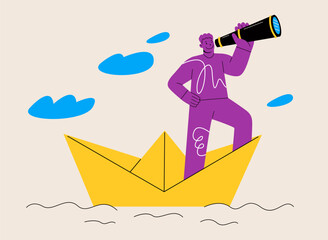 Man with a spyglass standing on paper boat and looking forward. Colorful vector illustration