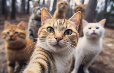 Cats taking a selfie on a blurred background. A group funny cats, Generative AI