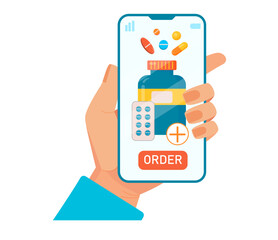 Online pharmacy illustration. Smartphone with hand ordering medical supplies, bottles and pills. Drug store online application concept. Pharmacy purchases. Vector illustration