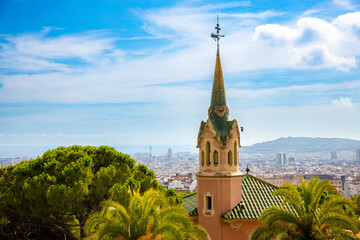 Park Guell in Barcelona and the city of Barcelona in the background. Beautiful postcard concept....