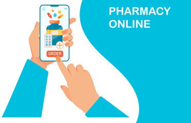 Online pharmacy banner or landing page. Smartphone with hands ordering medical supplies, bottles and pills. Drug store online application concept. Pharmacy purchases. Vector illustration
