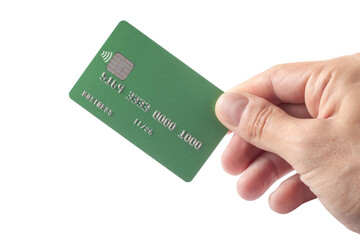 Male hand with credit card on white background