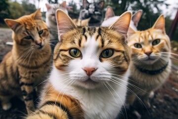 Cats taking a selfie on a blurred background. A group funny cats, Generative AI