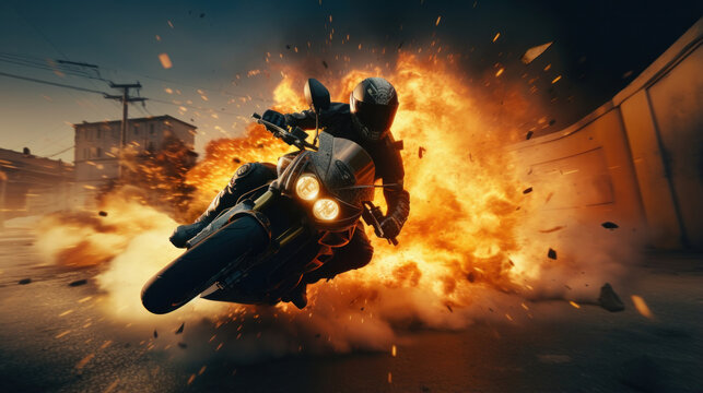 High-Octane Pursuit: Action Movie Hero Escapes Police on Motorcycle, Explosions in the Background.