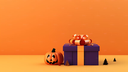 Halloween greetings card copy space of halloween element n gift box isolated on yellow orange background