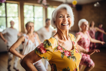 Old woman with flower shirt is happy in an indoor dance fitness class with retired friends, having fun enjoying, and celebrating, sunlight from the window