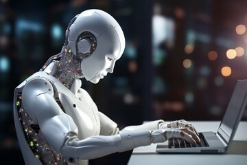 the future of work: smart artificial android at pc, Generative AI