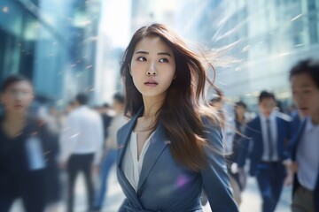 Fototapeta premium Beautiful Businesswoman Walking in Modern City, Asian Woman Walks on a Crowded Pedestrian Street, Business Manager Surrounded by Blur People on Busy Street.