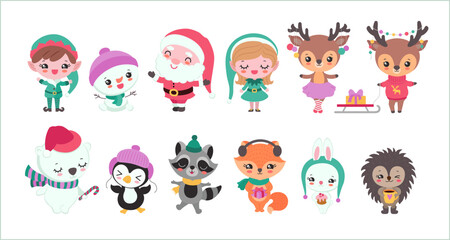 Cute Christmas characters clipart. Kawaii christmas icon set. Xmas festive collection cartoon vector illustration. Winter woodland animals. Kawaii santa claus, elves. reindeer, polar bear, penguin.