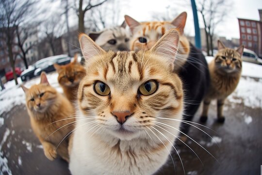 Cats taking a selfie on a blurred background. A group funny cats, Generative AI