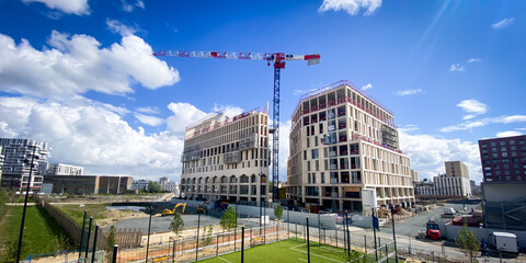 New office and apartment buildings under construction in the Euratlantique district in Bordeaux,...
