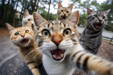 Cats taking a selfie on a blurred background. A group funny cats, Generative AI - obrazy, fototapety, plakaty