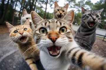 Fotobehang Cats taking a selfie on a blurred background. A group funny cats, Generative AI © Vilaysack