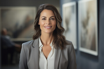 Executive beautiful brunette businesswoman posing and looking at the camera in the office. Confident and successful owner boss secretary assistant or manager look. Wearing a grey suit in her 40s