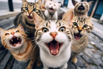 Fototapeta premium Cats taking a selfie on a blurred background. A group funny cats, Generative AI