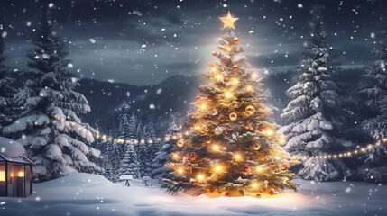 Christmas background, Xmas tree with snow decorated with garland lights. Generative Ai