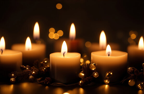 christmas candles on the table, black bokeh background